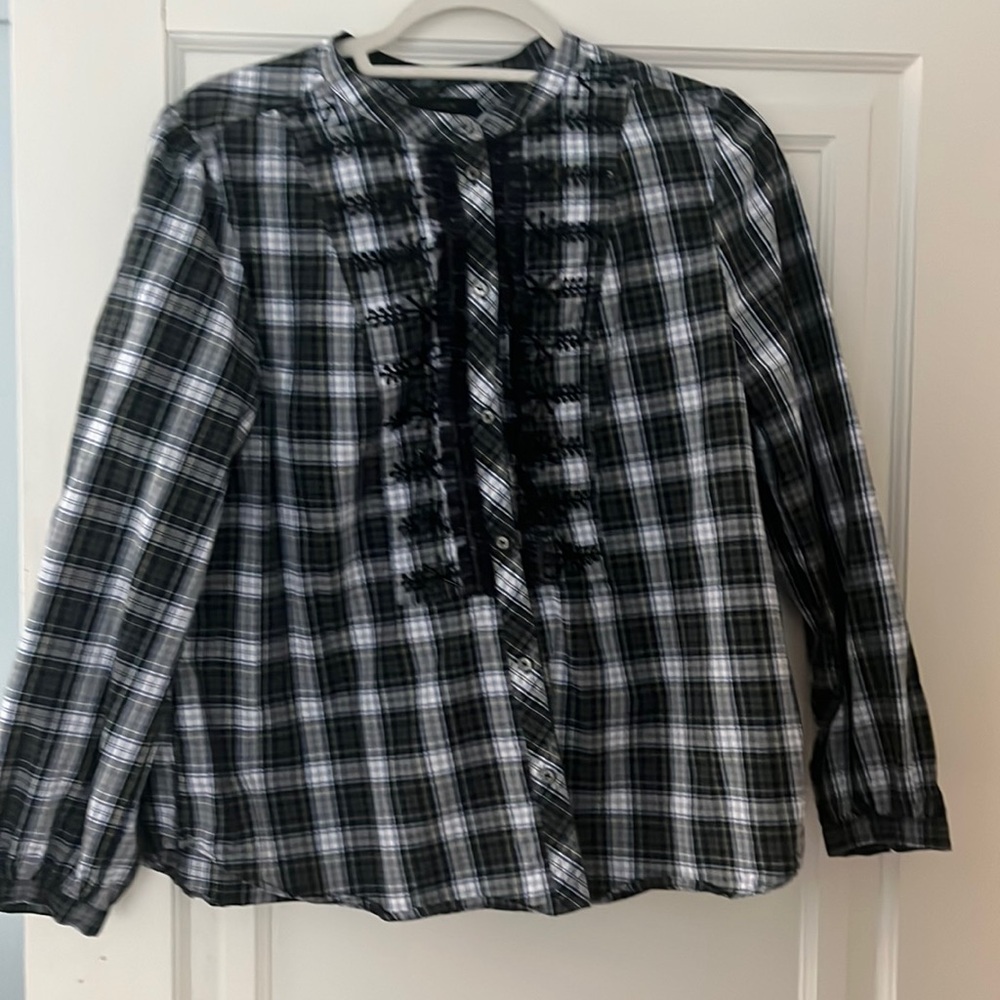 J.Crew Women's Holiday Button Blouse Medium Green Blue Plaid Embellished Ruffle